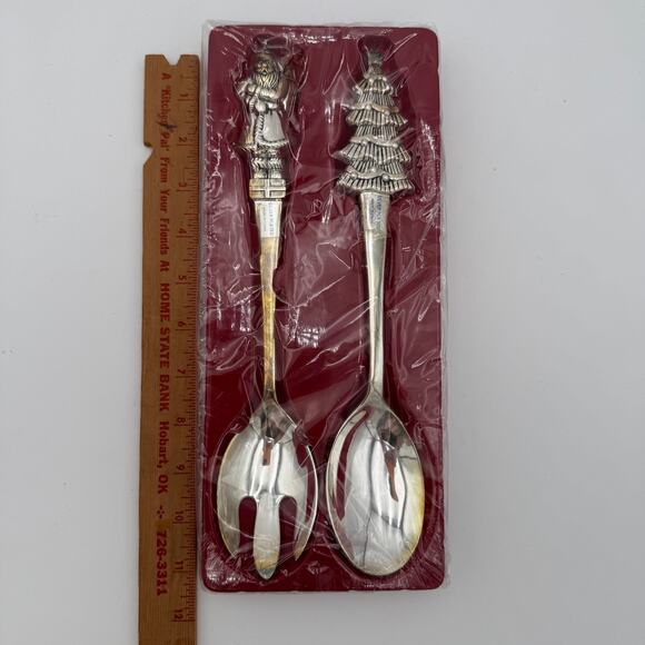 Vintage Wallace Salad Serving Set Silverplate Santa and Tree 1998 NOS - Picture 3 of 7